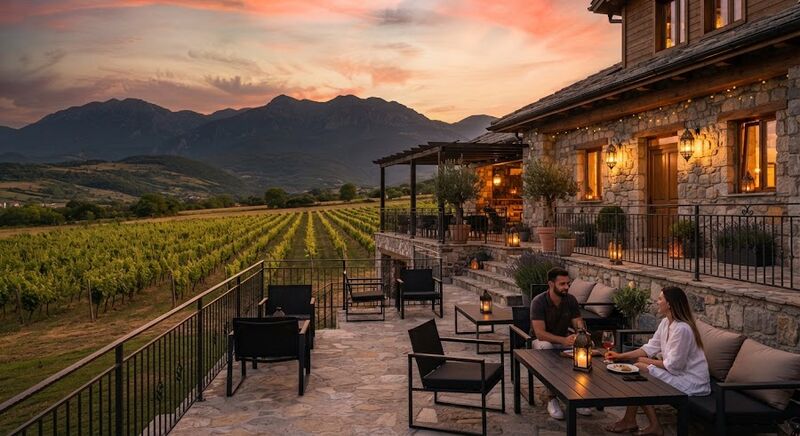 A boutique stone guest house with a vineyard terrace at sunset